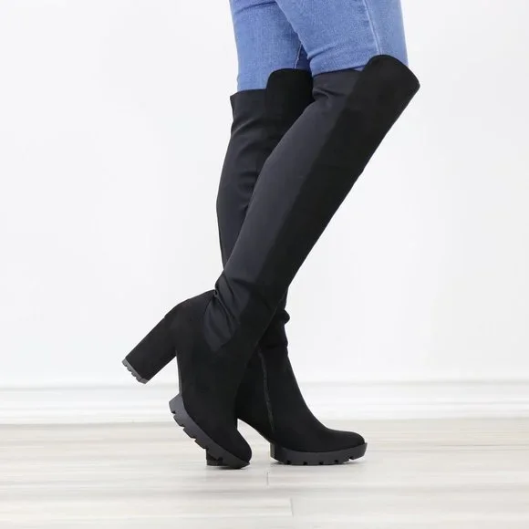 Black Thigh High Over The Knee Lug Block Heel Boots Faux Suede Round Toe - Picture 7 of 14